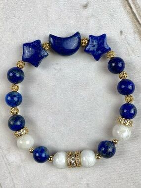 Lapis & Moonstone Gold Accent Stretch Bracelet - Blue